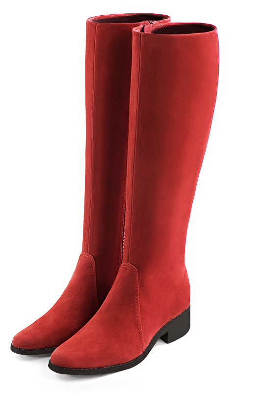 Scarlet red women's riding knee-high boots. Round toe. Low leather soles. Made to measure. Front view - Florence KOOIJMAN